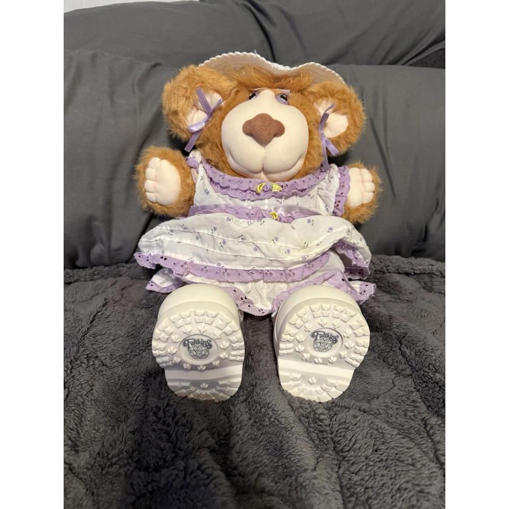 Vintage 80’s FURSKIN Teddy Bear Girl w/Hat Stuffed Plush Toy Size: 15” EUC